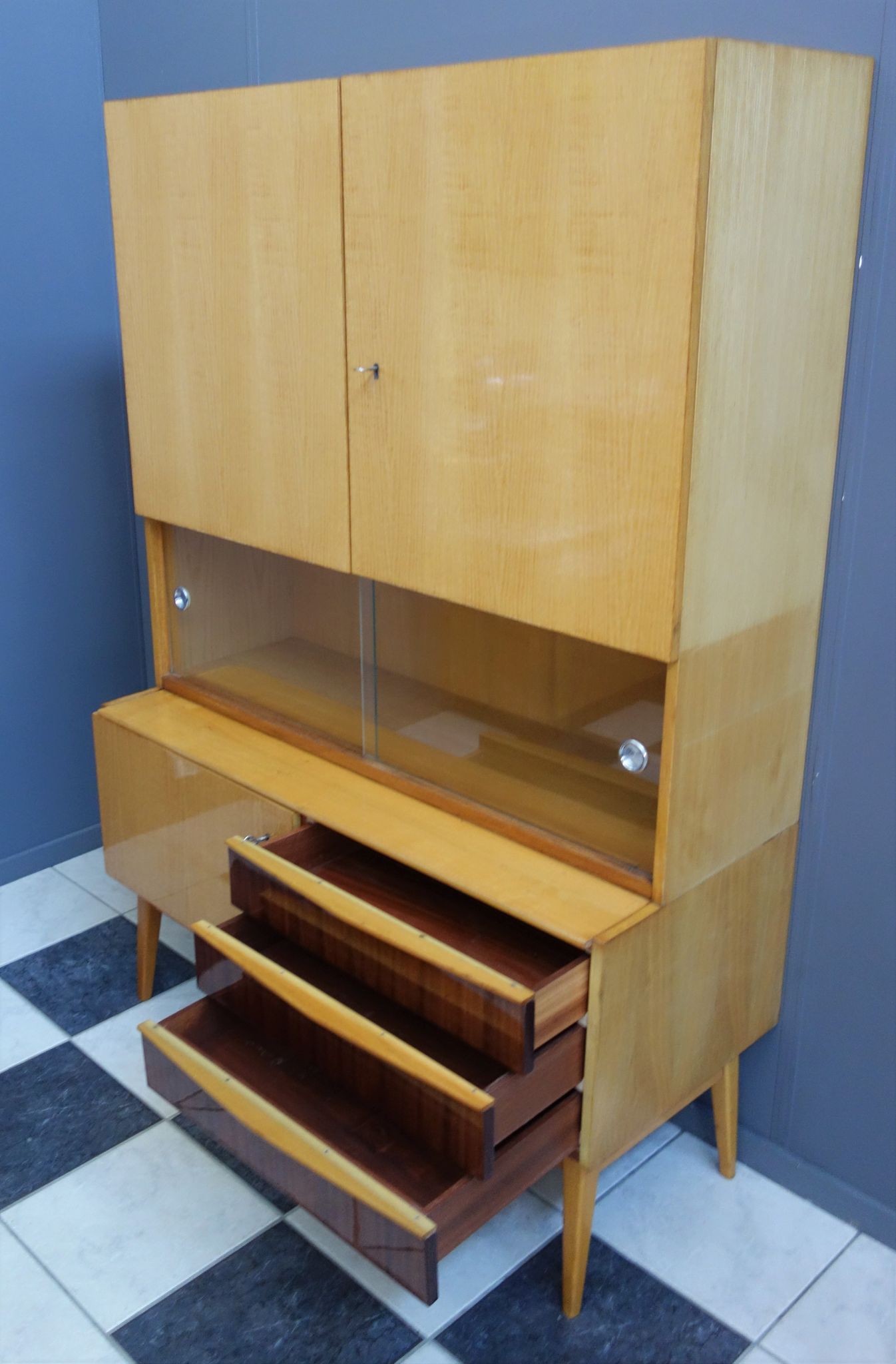 Highboard in two-tone wood with showcase part 1960s by Jitona Czech republic