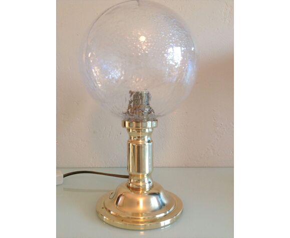 Lampe de chevet en laiton et globe en verre bullé vintage années 60-70 |  Selency