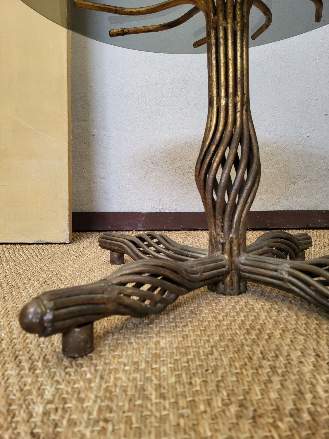 1970s modernist coffee table in smoked glass and metal.