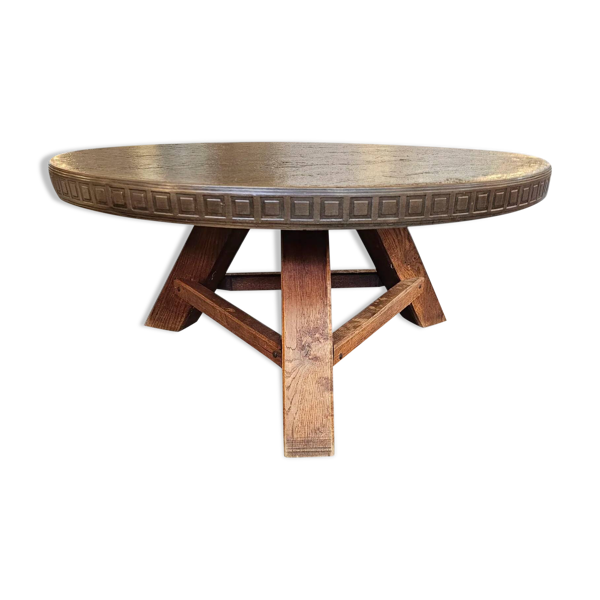 Table basse ronde brutaliste en bois et métal, années 1960
