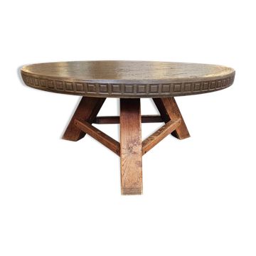 Table basse ronde brutaliste en bois et métal, années 1960
