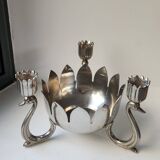 Candle holder in silver-plated metal, lotus shape.