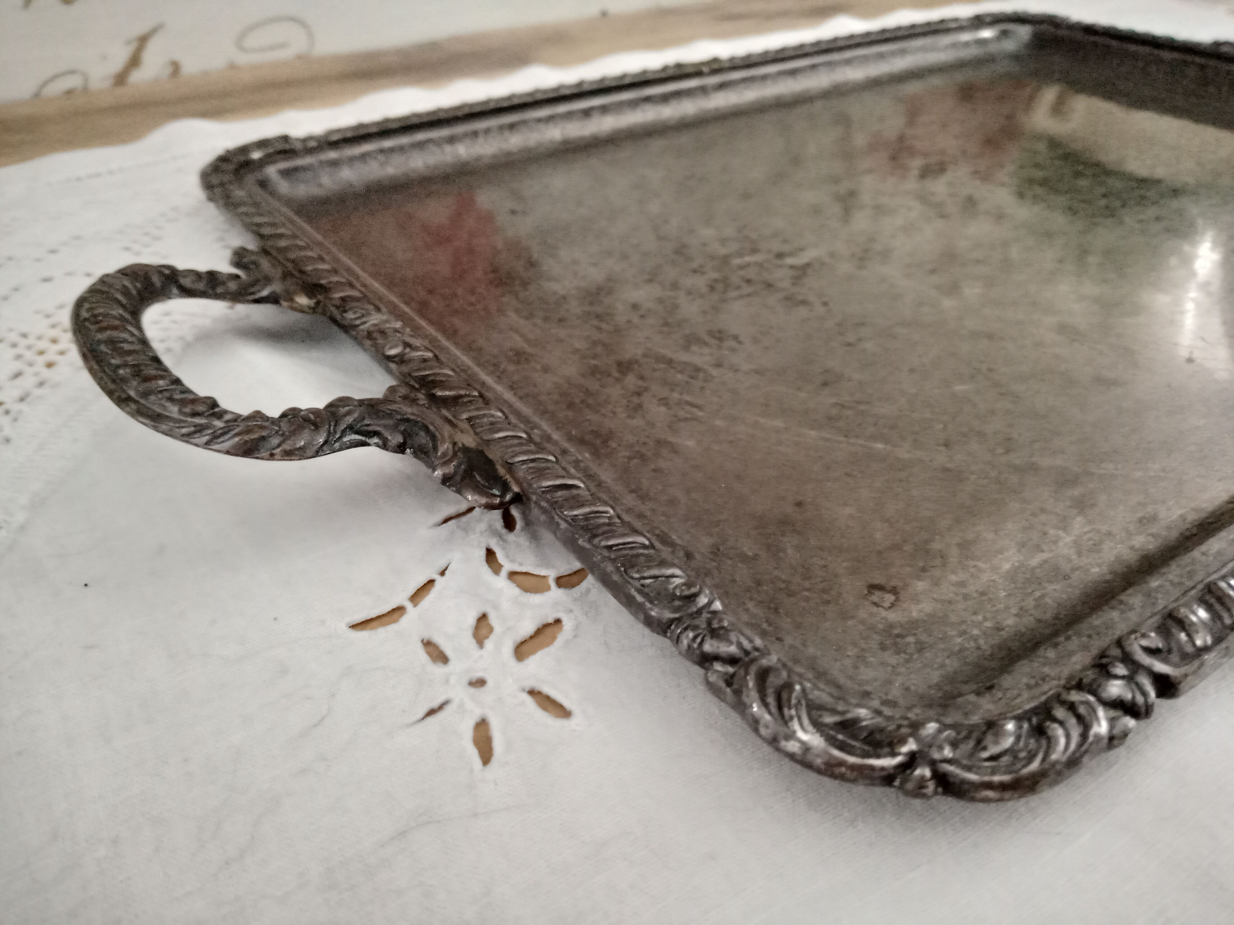 Rectangular silver metal tray 2 handles, decorative frieze