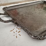 Rectangular silver metal tray 2 handles, decorative frieze