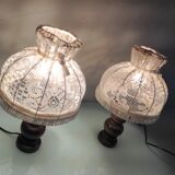Pair of turned wooden bedside lamps and lace/vintage lampshade 60s-70s