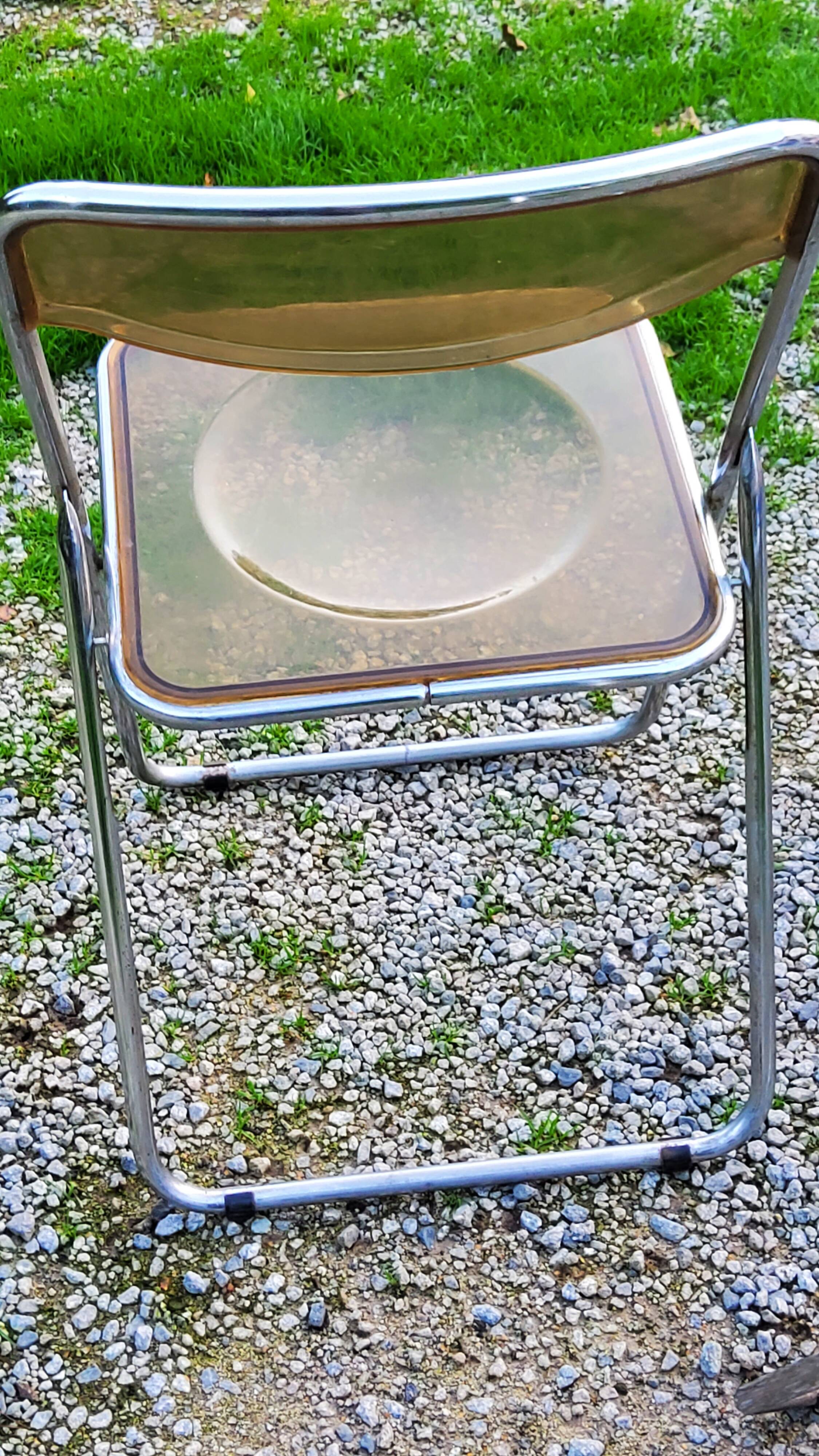 Set of 4 70s design folding chairs in smoked plexiglass and chrome metal
