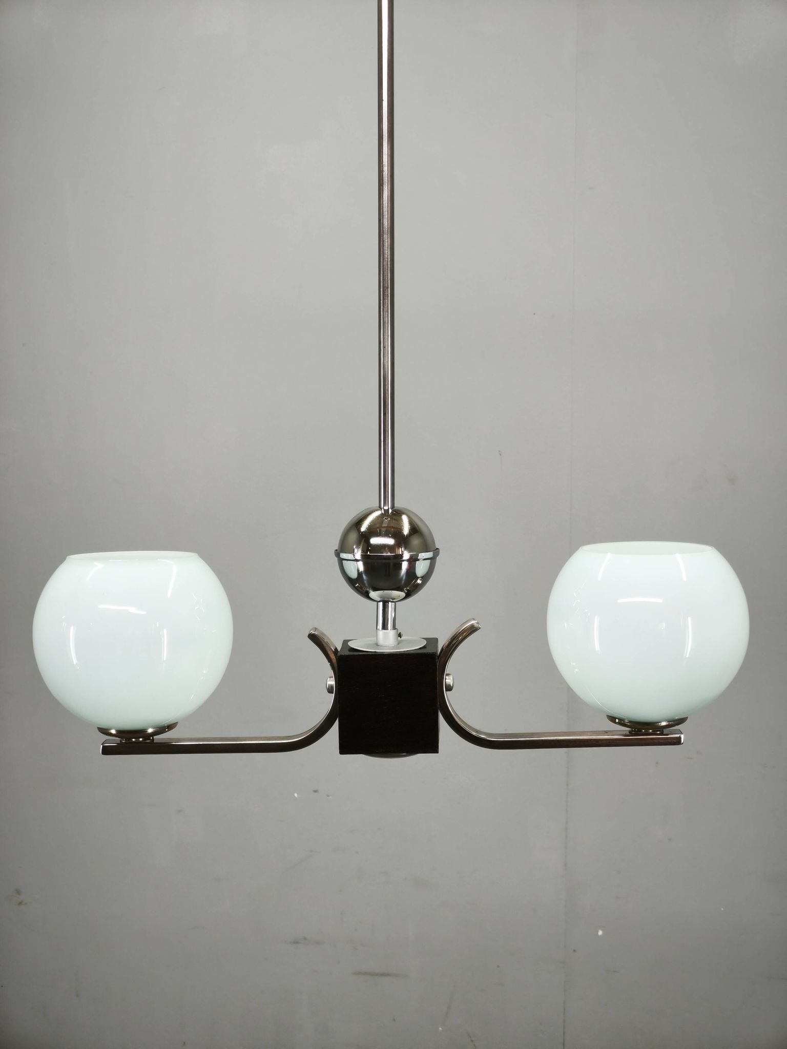 Art Deco Chrome and Opaline Glass Chandelier, Czechoslovakia, 1930s