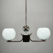 Art Deco Chrome and Opaline Glass Chandelier, Czechoslovakia, 1930s