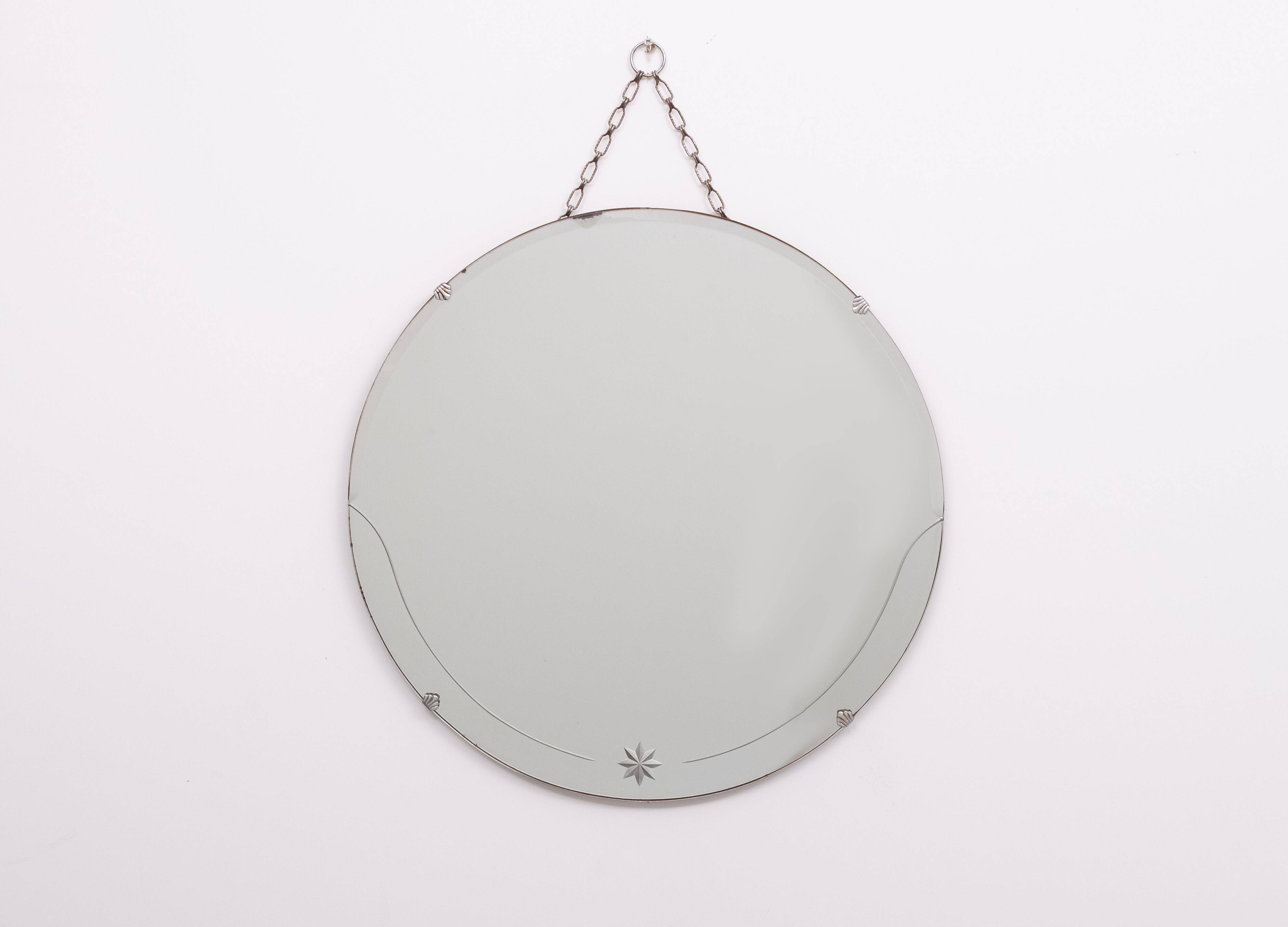 Art Deco Round Wall Mirror on chain 1930s