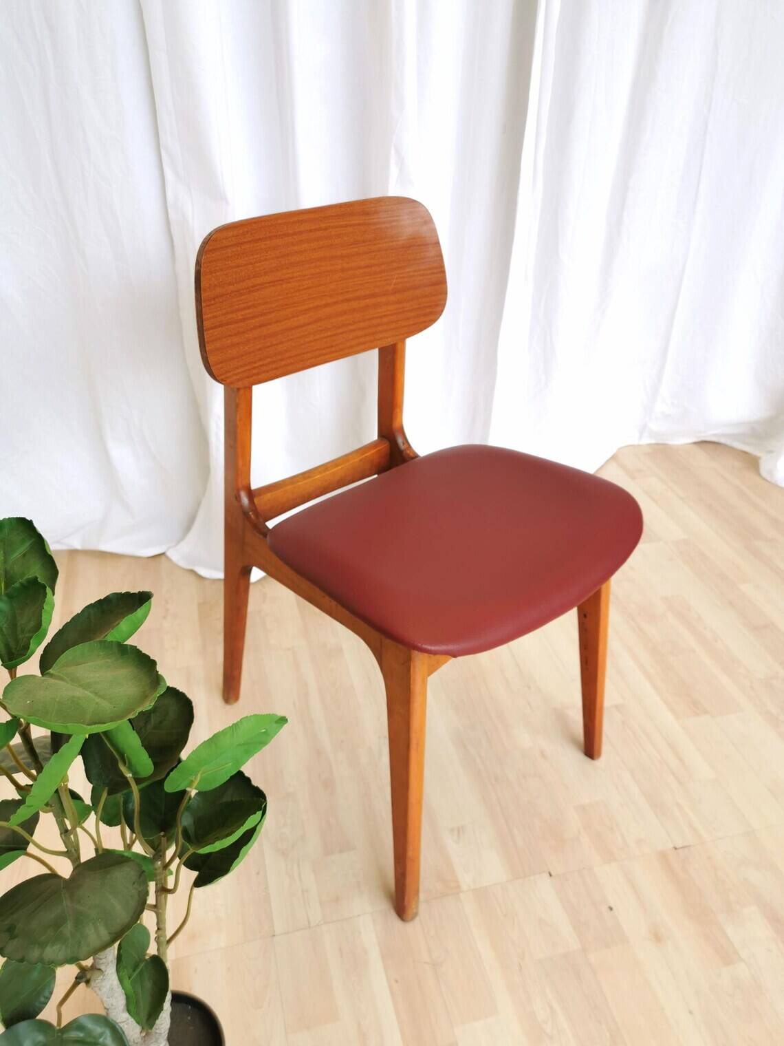 Vintage Beech Wood Dining Chair: Red Faux Leather, Made in Yugoslavia
