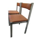 Pair of vintage chrome metal & brown imitation leather chairs (70s)