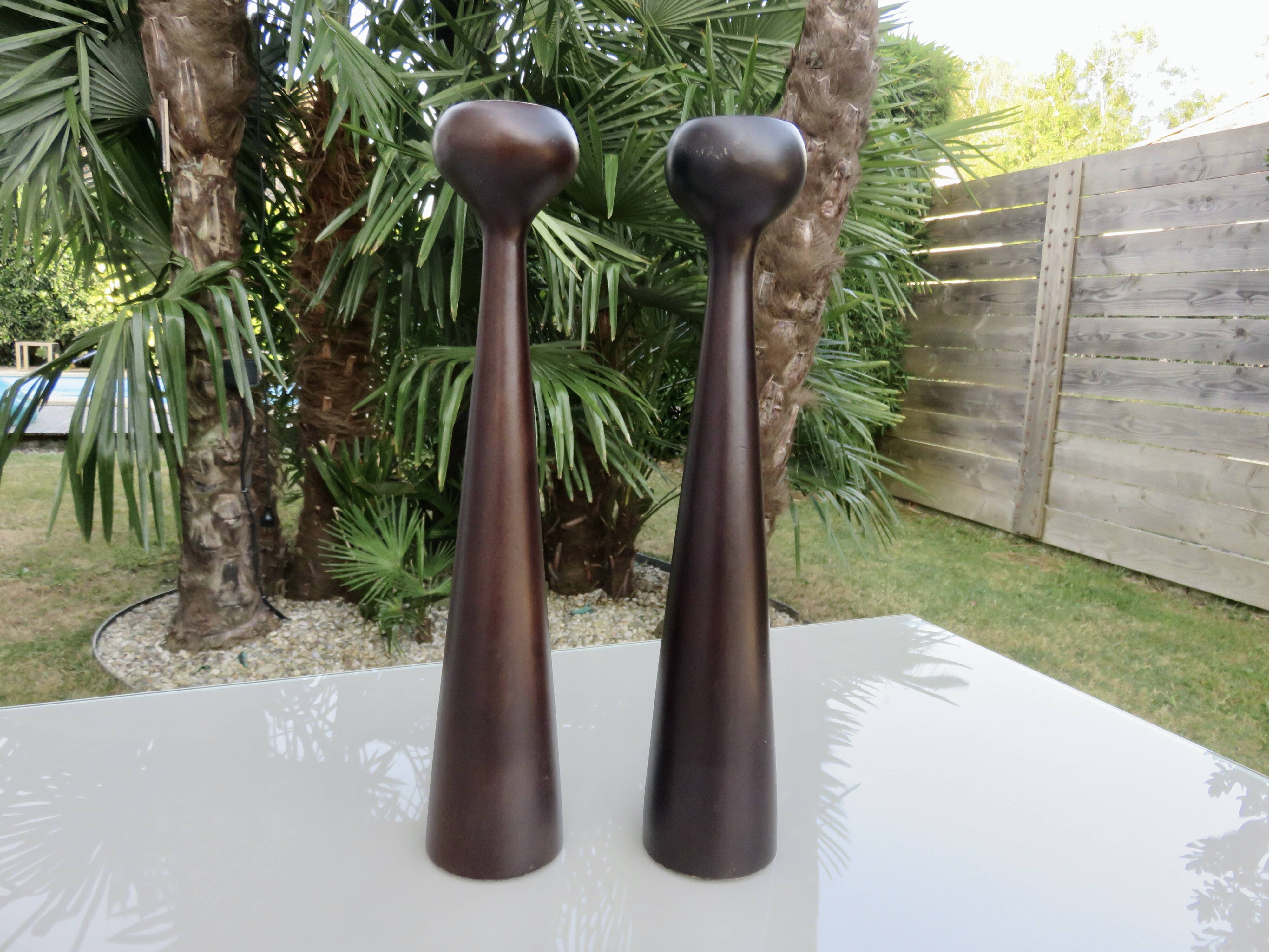 Pair of large Scandinavian teak candlesticks, vintage 1960.