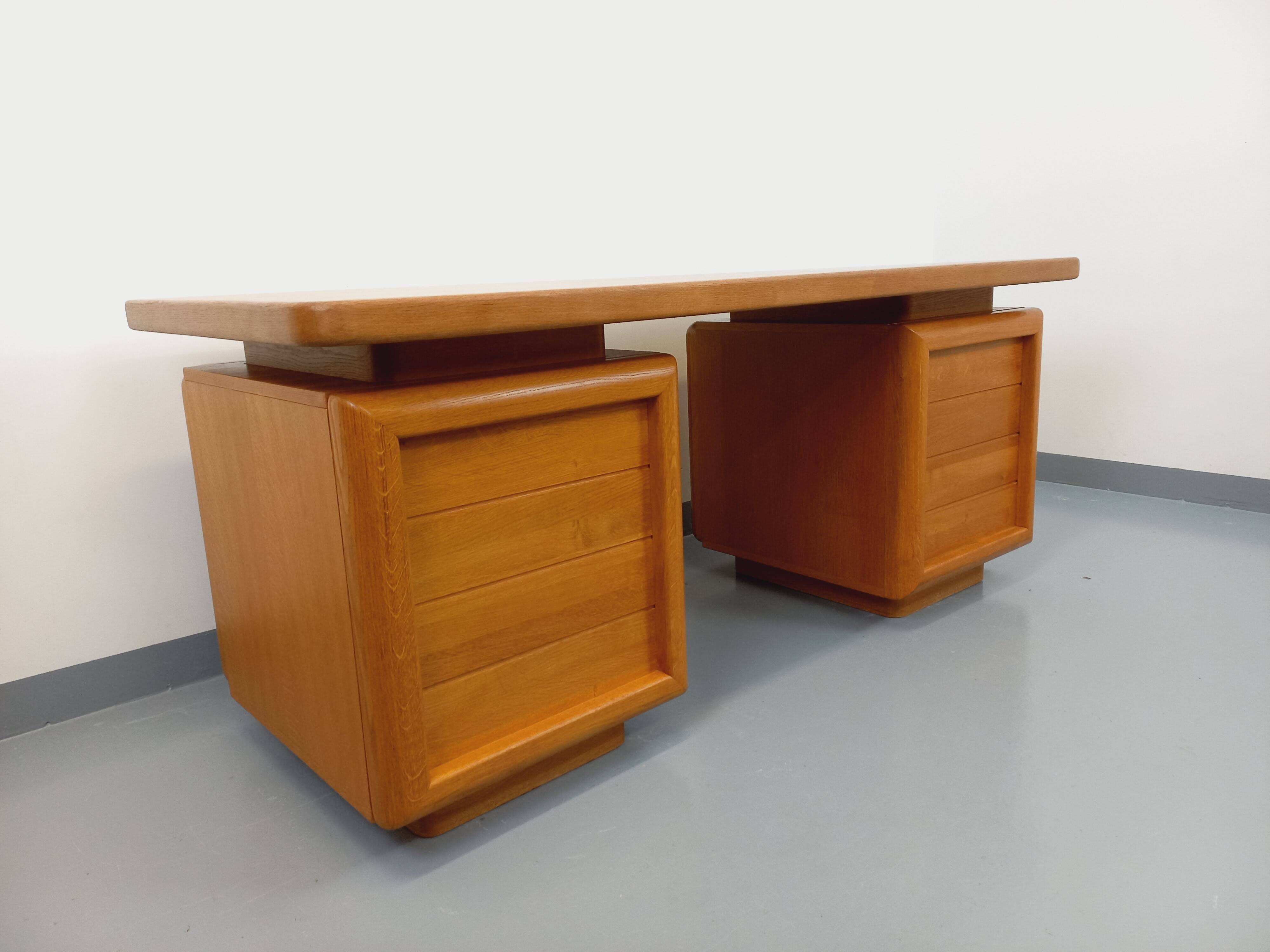 Large vintage double-sided executive desk in oak wood from the 70s