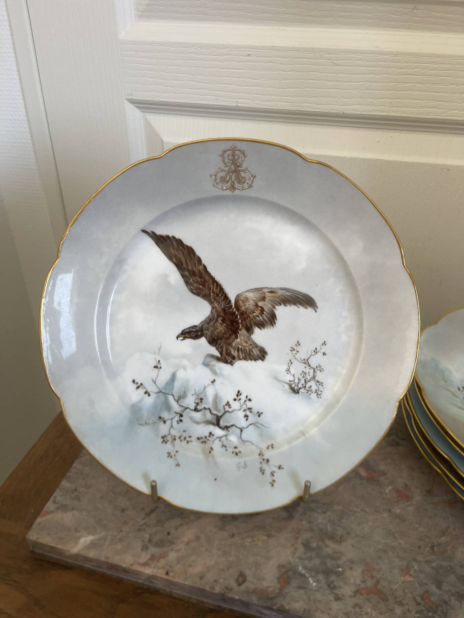 Antique 6x Sèvres Porcelain Plates Lahore & Basket 19th Century Hunting