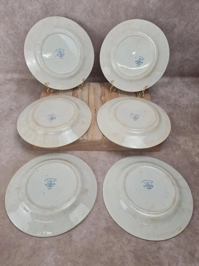 Set of 6 antique flat plates from Creil and Montereau, La Vallières service, 23 cm