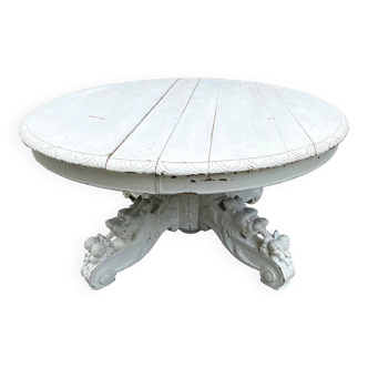 Table en chêne laqué blanc, pied central sculpté, fin XIXème