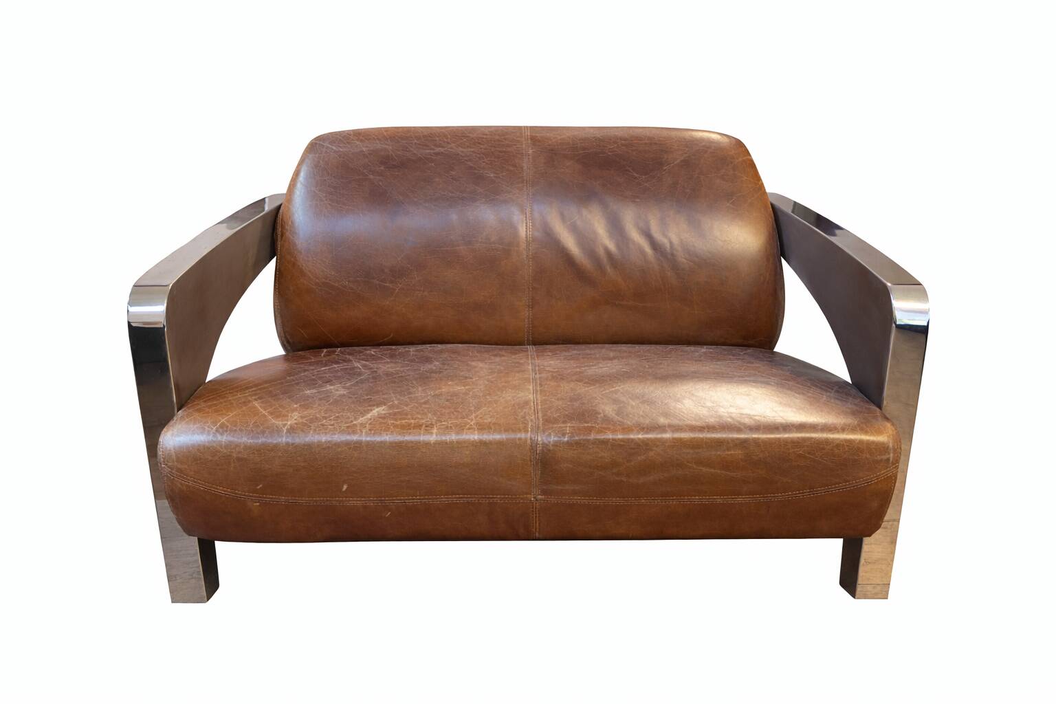 Set of 3 Stacyville items, leather and stainless steel, 2 armchairs and a sofa.