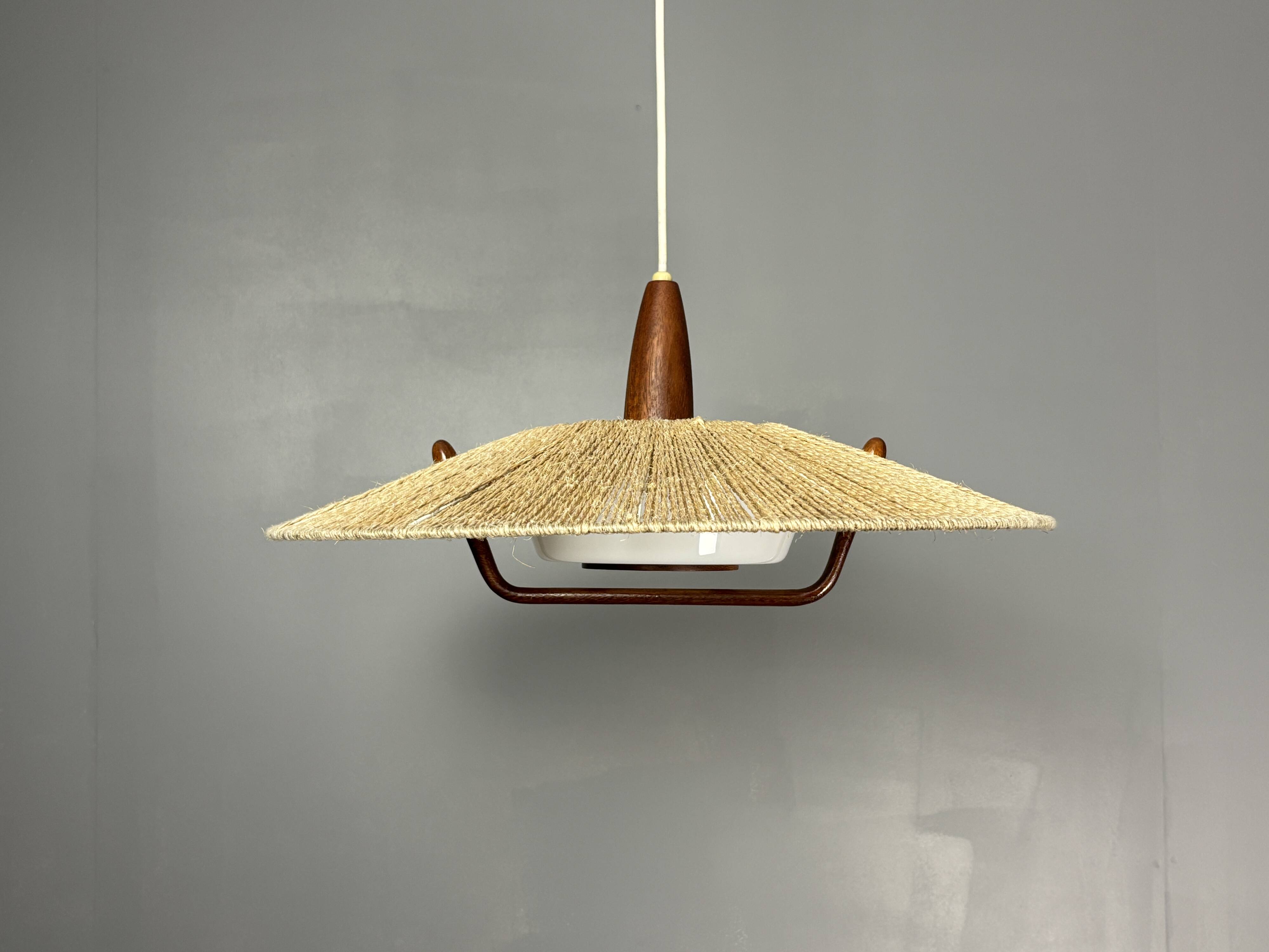 Large Mid-Century Teak and Sisal Cord Hanging Pendant by Temde Leuchten,60s