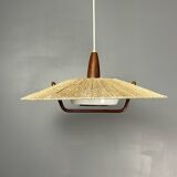 Large Mid-Century Teak and Sisal Cord Hanging Pendant by Temde Leuchten,60s