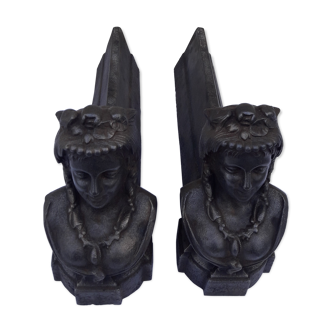 Pair of cast iron channels and metal FAU woman's head