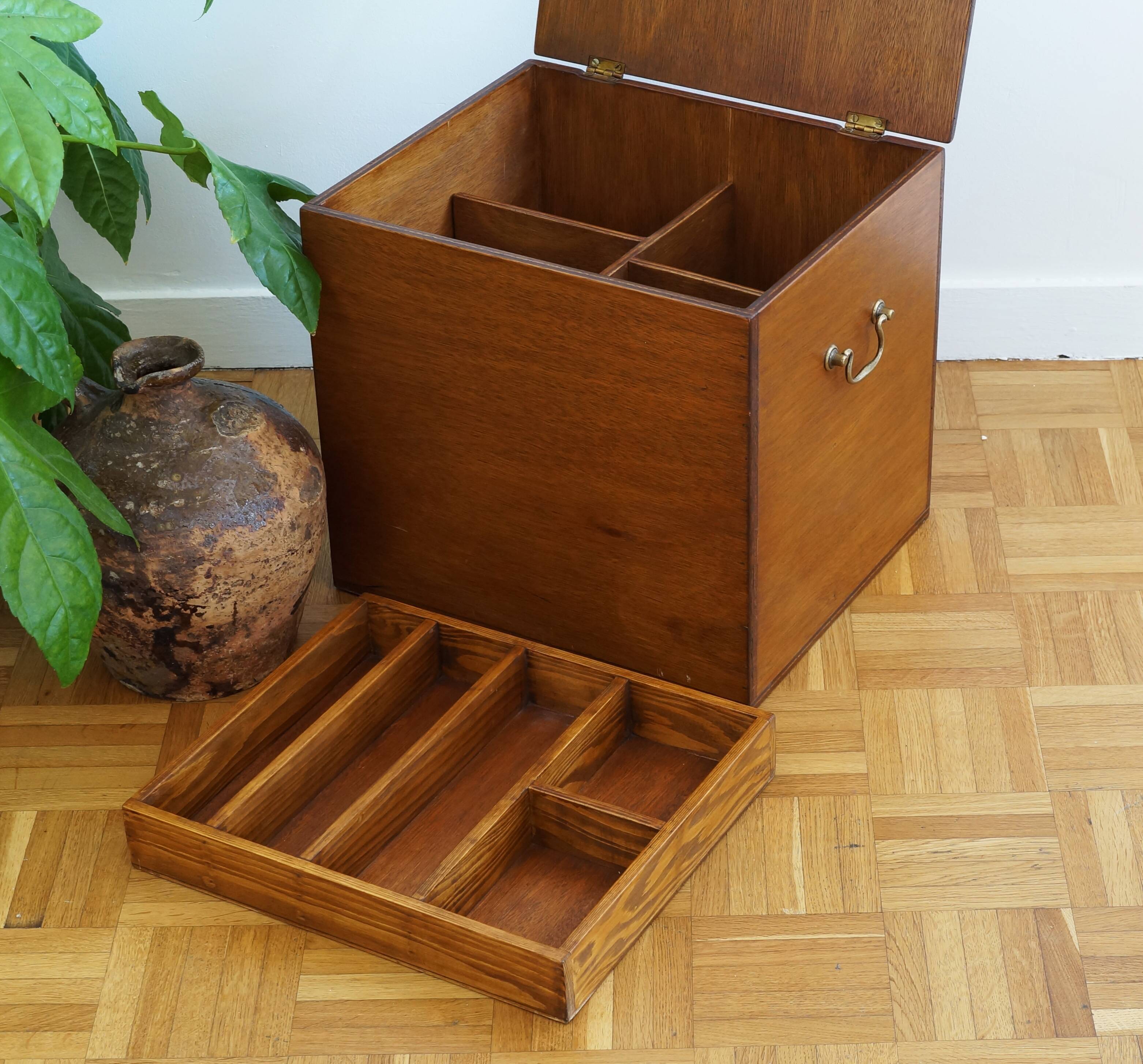 Large wooden box with brass handles