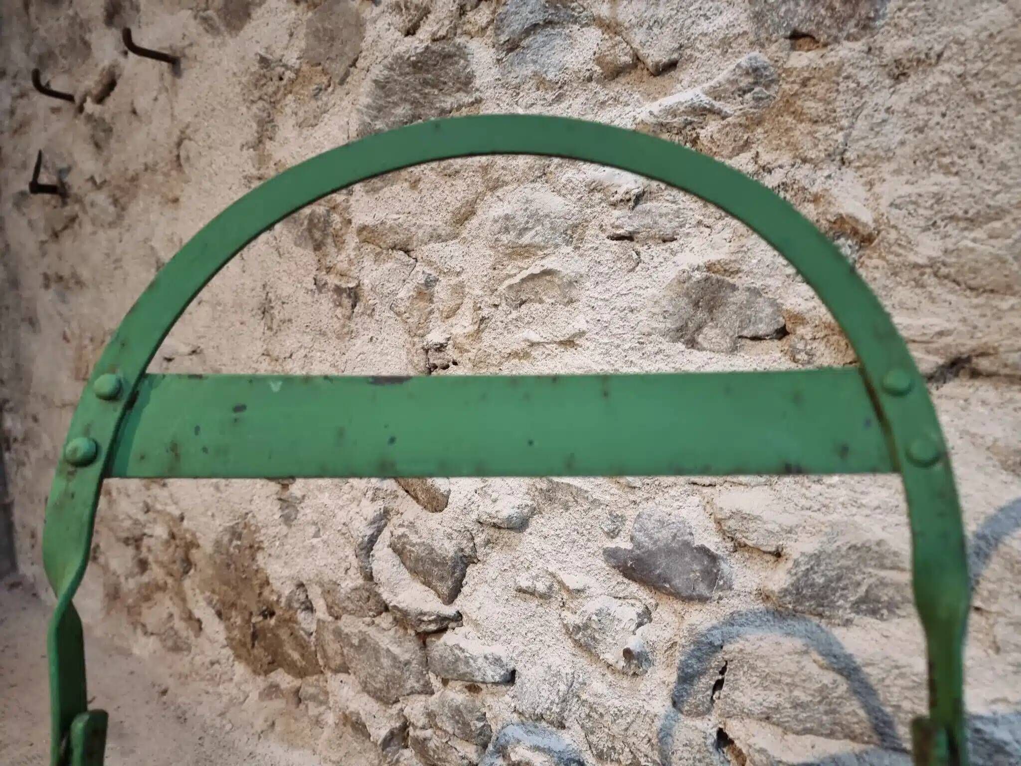 Set of 4 Antique Iron Folding Garden Chairs - 1920s Riveted Bistro Chairs with Aged Green Patina