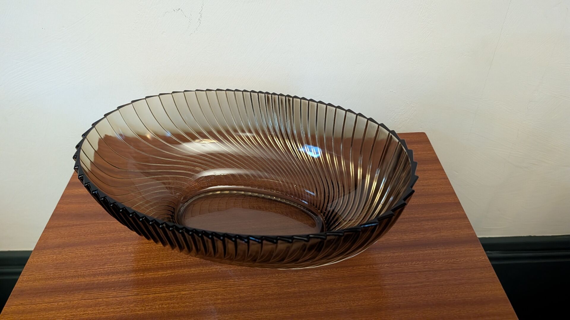 Large modernist twisted smoked glass bowl – 1970s