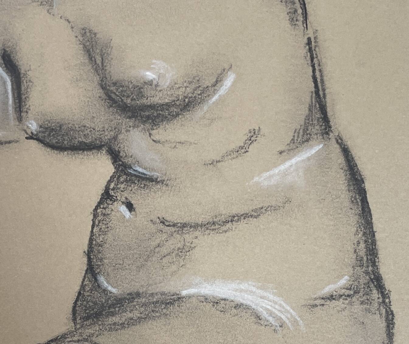 Signed drawing, charcoal study of a plaster bust of a woman from the studio.