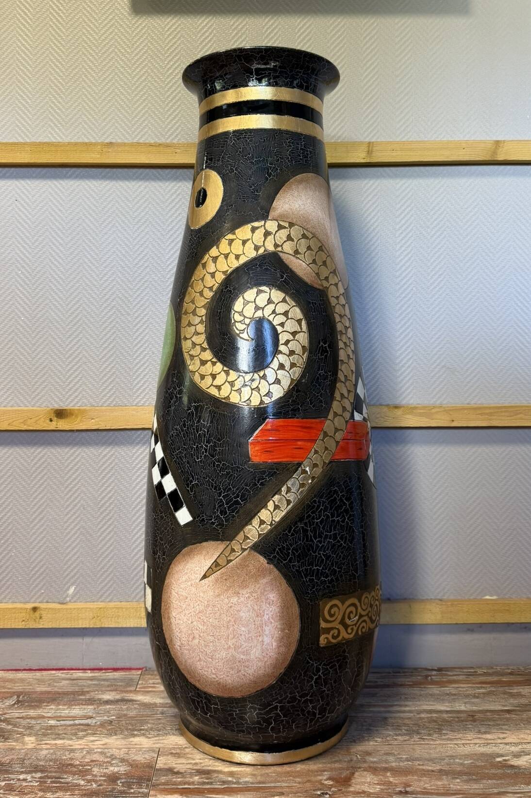 monumental terracotta vase, lacquered and enameled