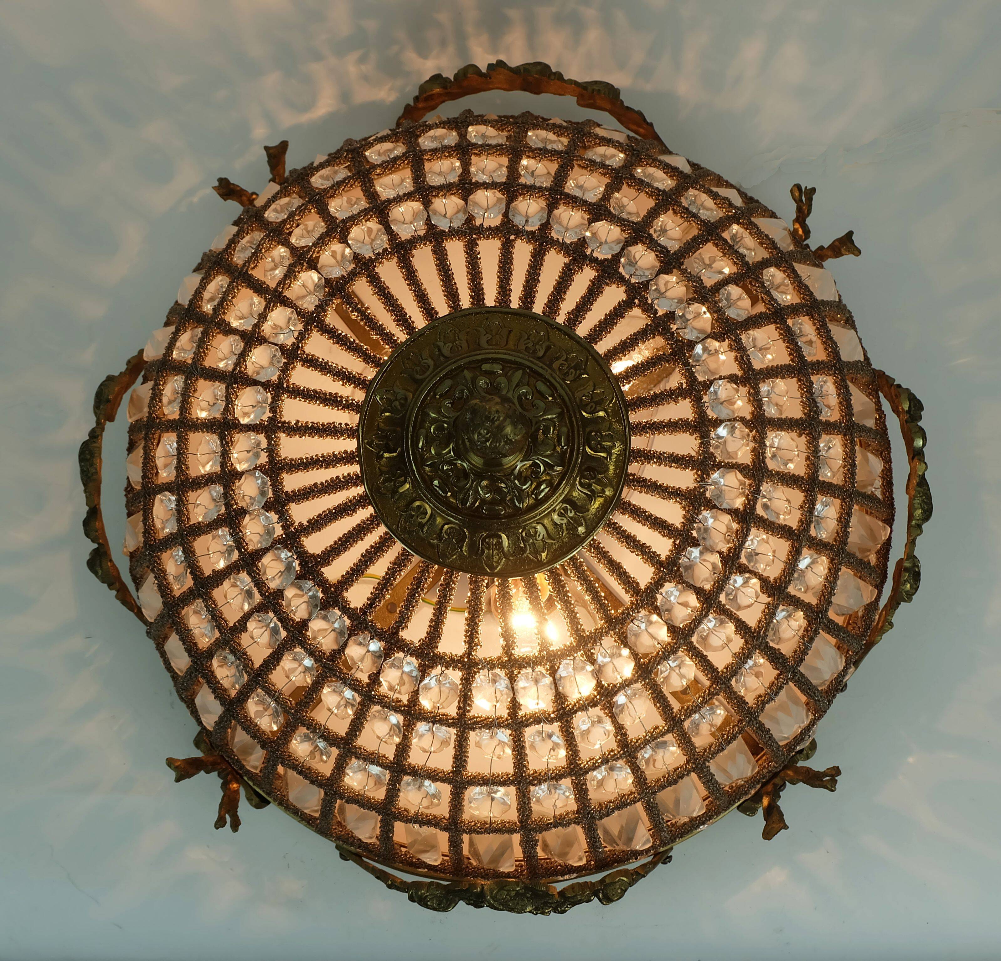 large 1960s CEILING LAMP glass crystal bronze hollywood regency style 1960s