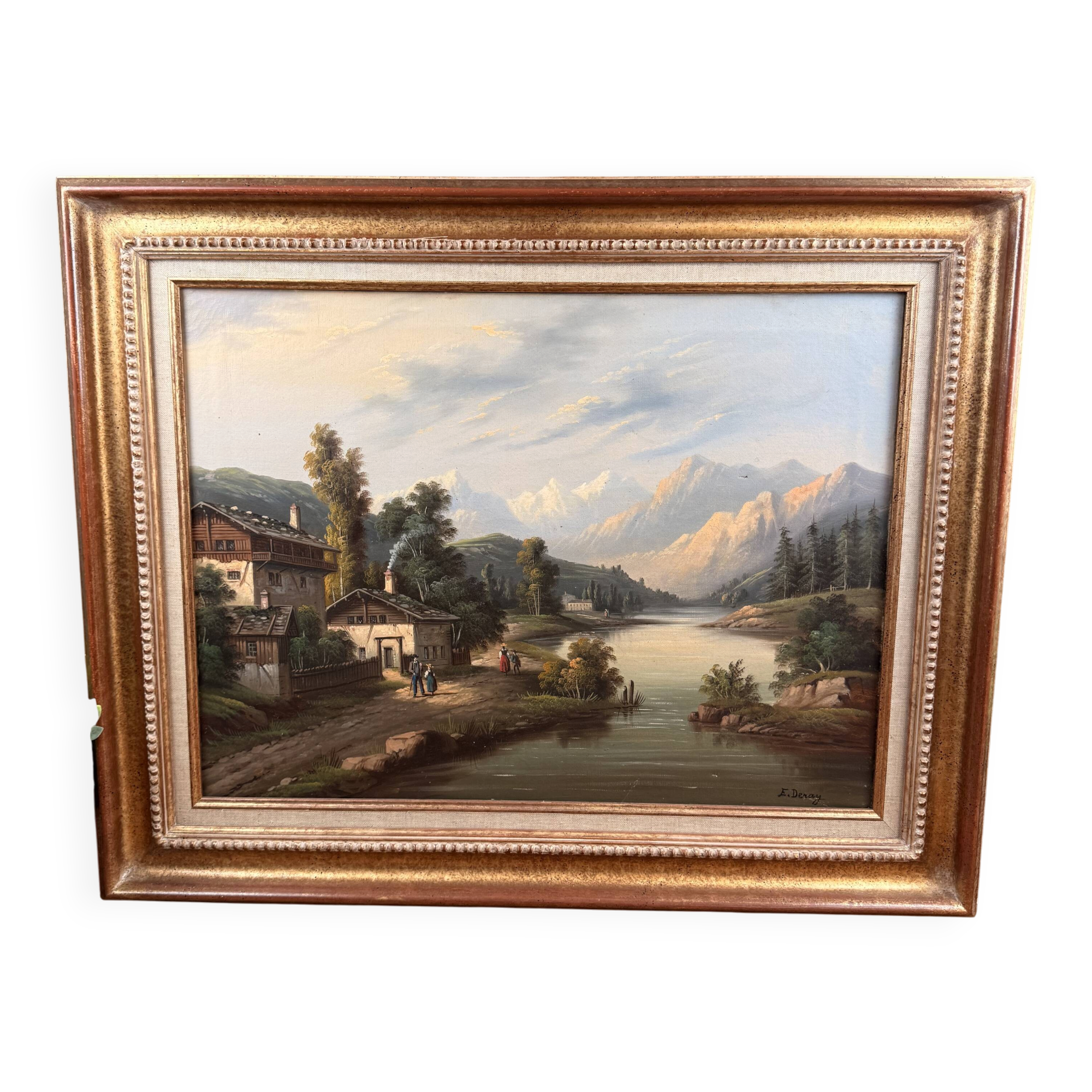 Oil on canvas mountain landscape signed E. Deray – antique gilded frame