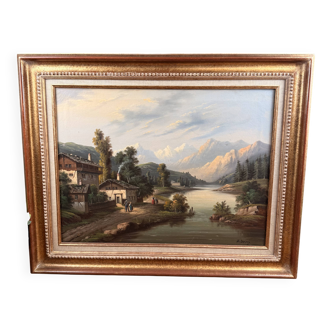 Oil on canvas mountain landscape signed E. Deray – antique gilded frame
