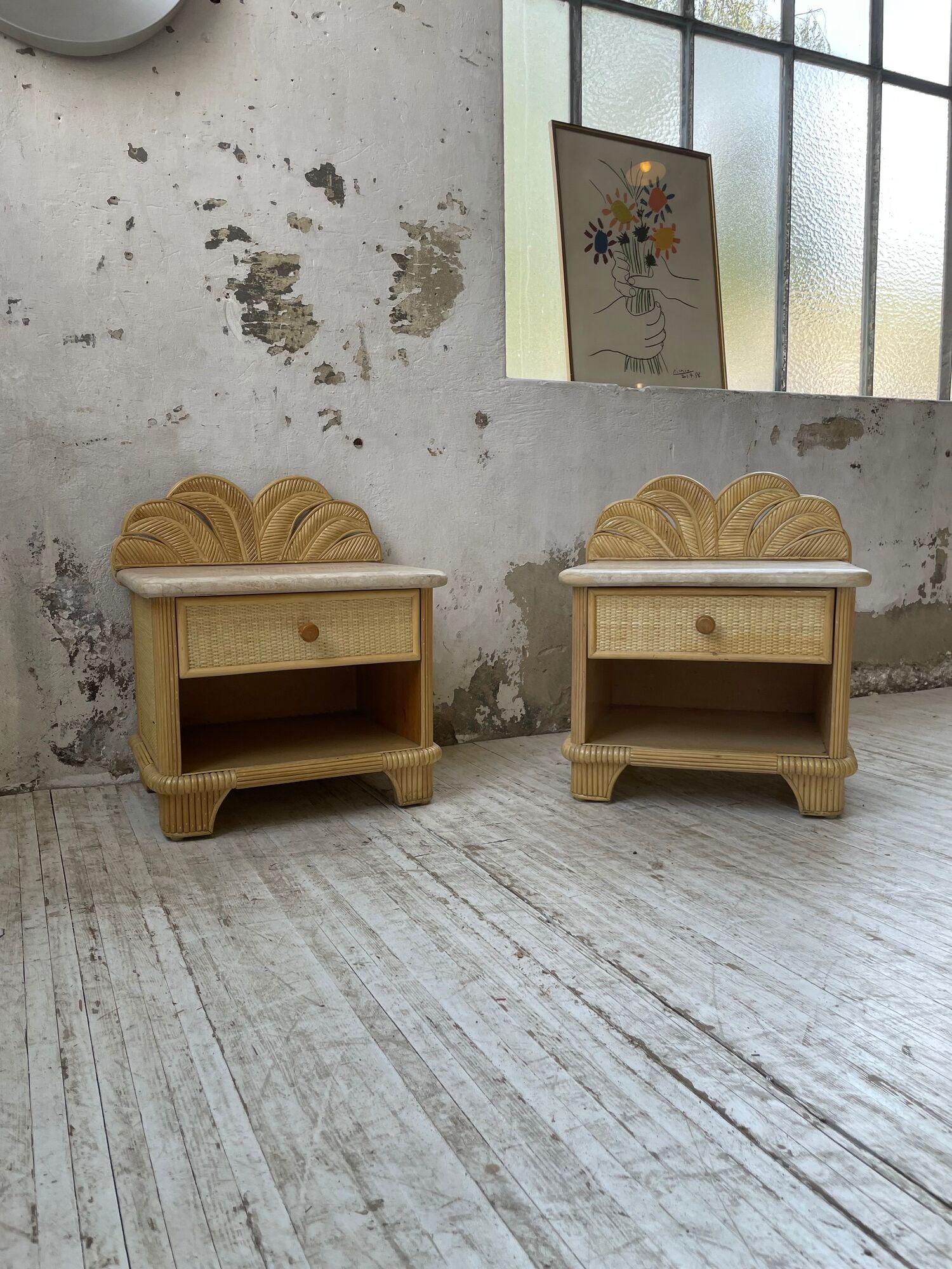 Pair of travertine bedside and rattan palm tree "vivai del sud"