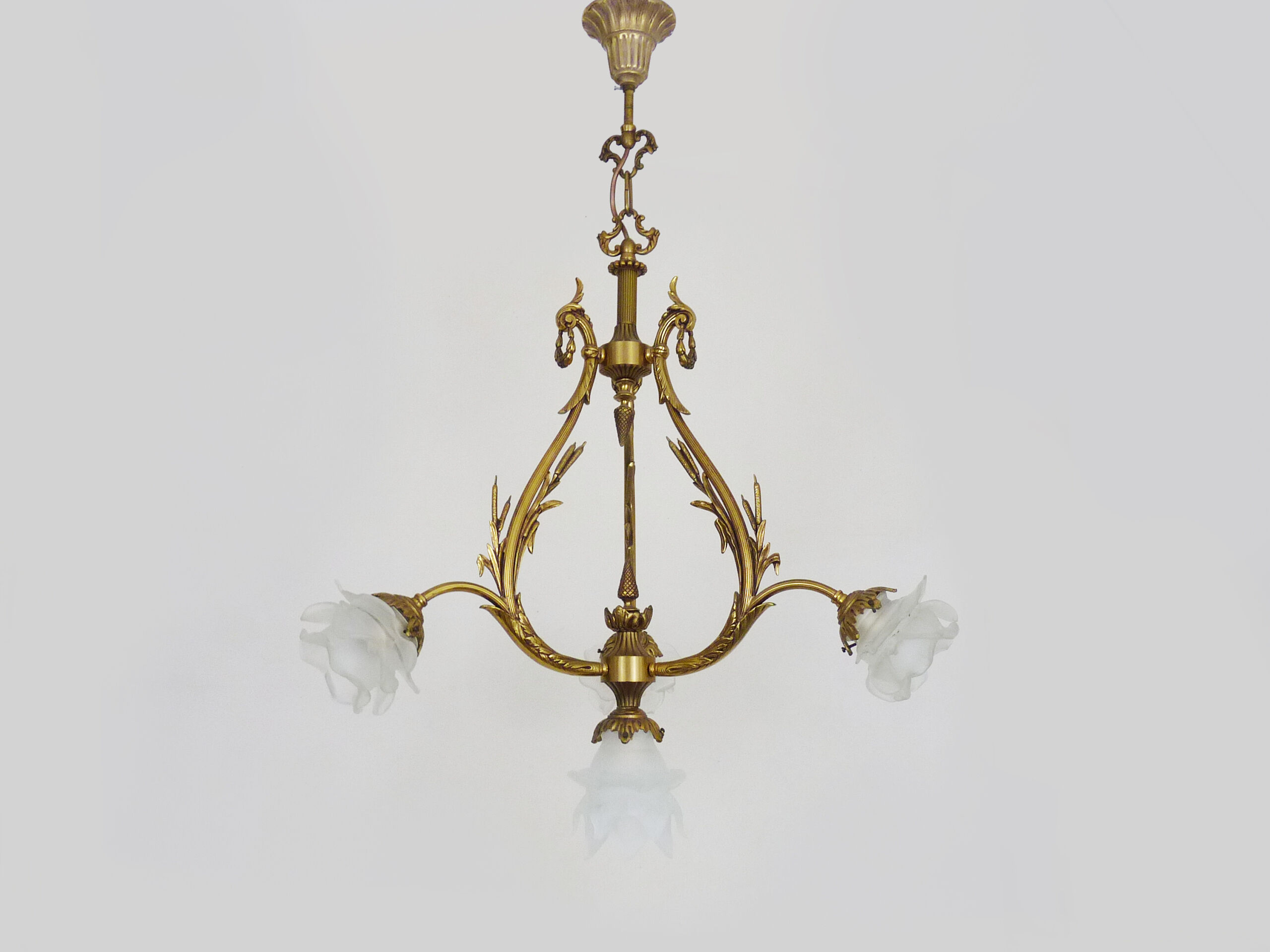 Bronze chandelier with 4-burner glass tulips, chandelier 70s