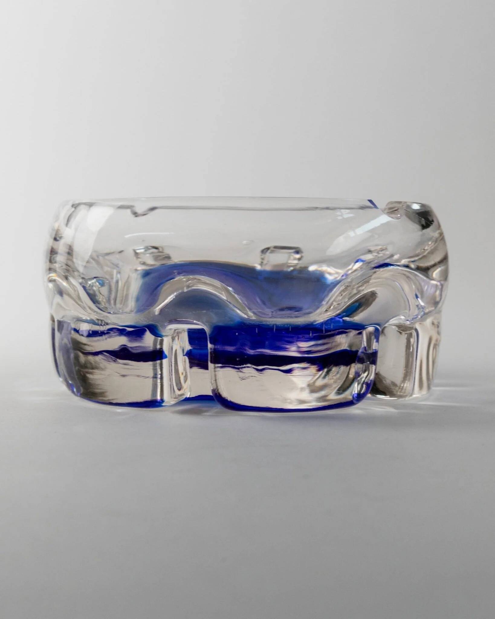 Vintage Murano Glass Ashtray: clear glass with cobalt-blue bubble, mid-century Italian design