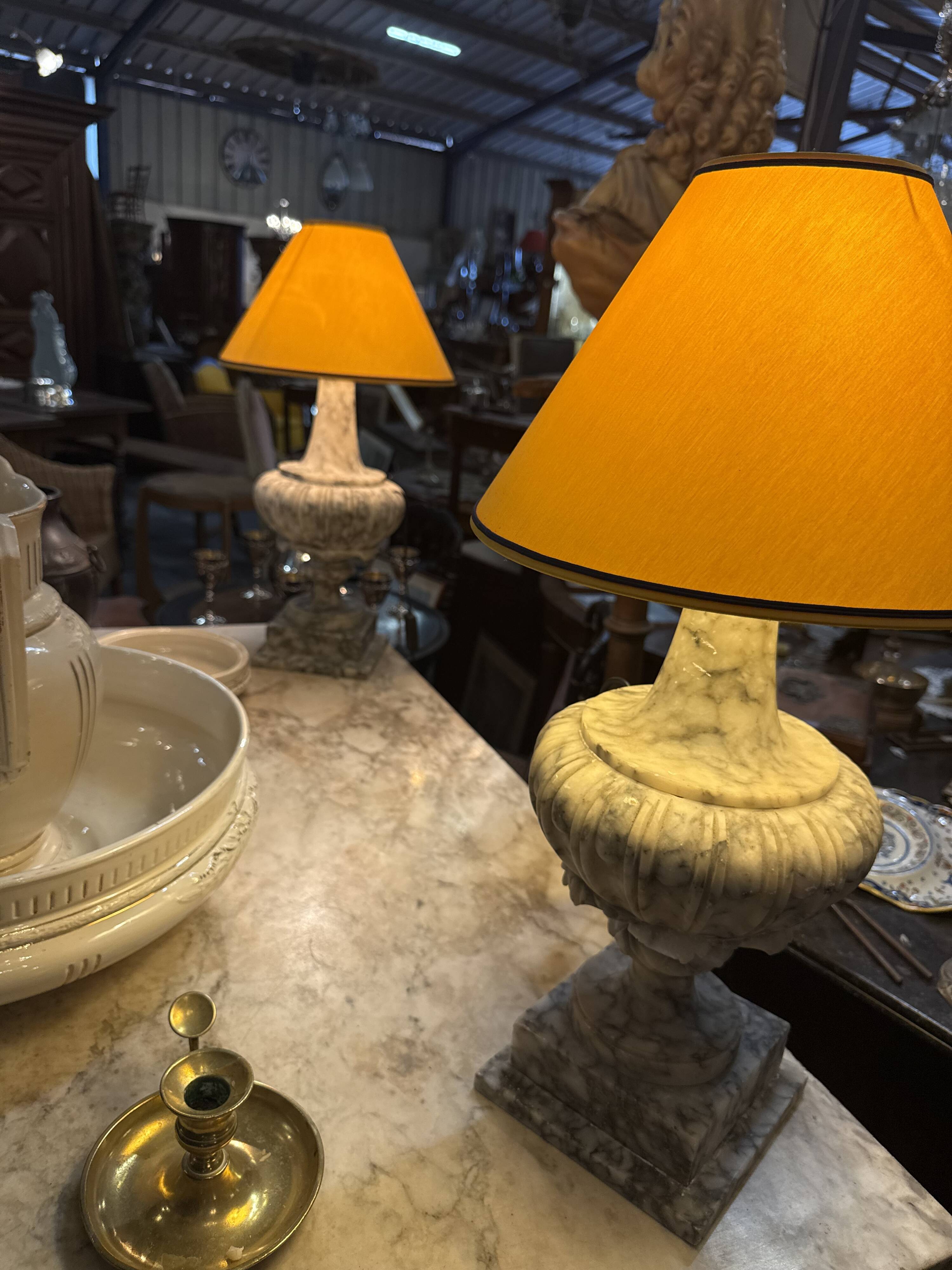 Pair of veined marble lamps
