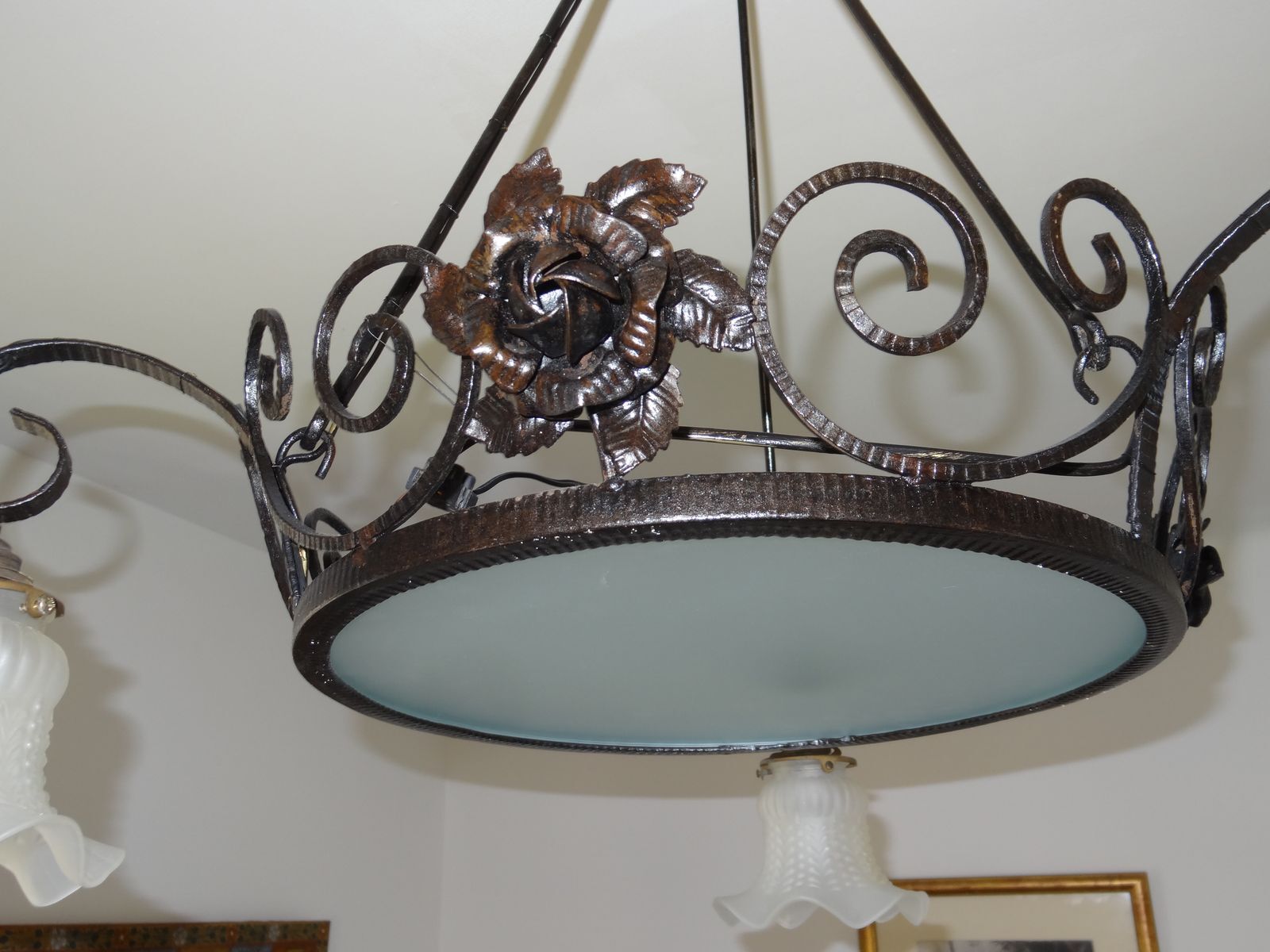 iron and opalin glass hanging lamp