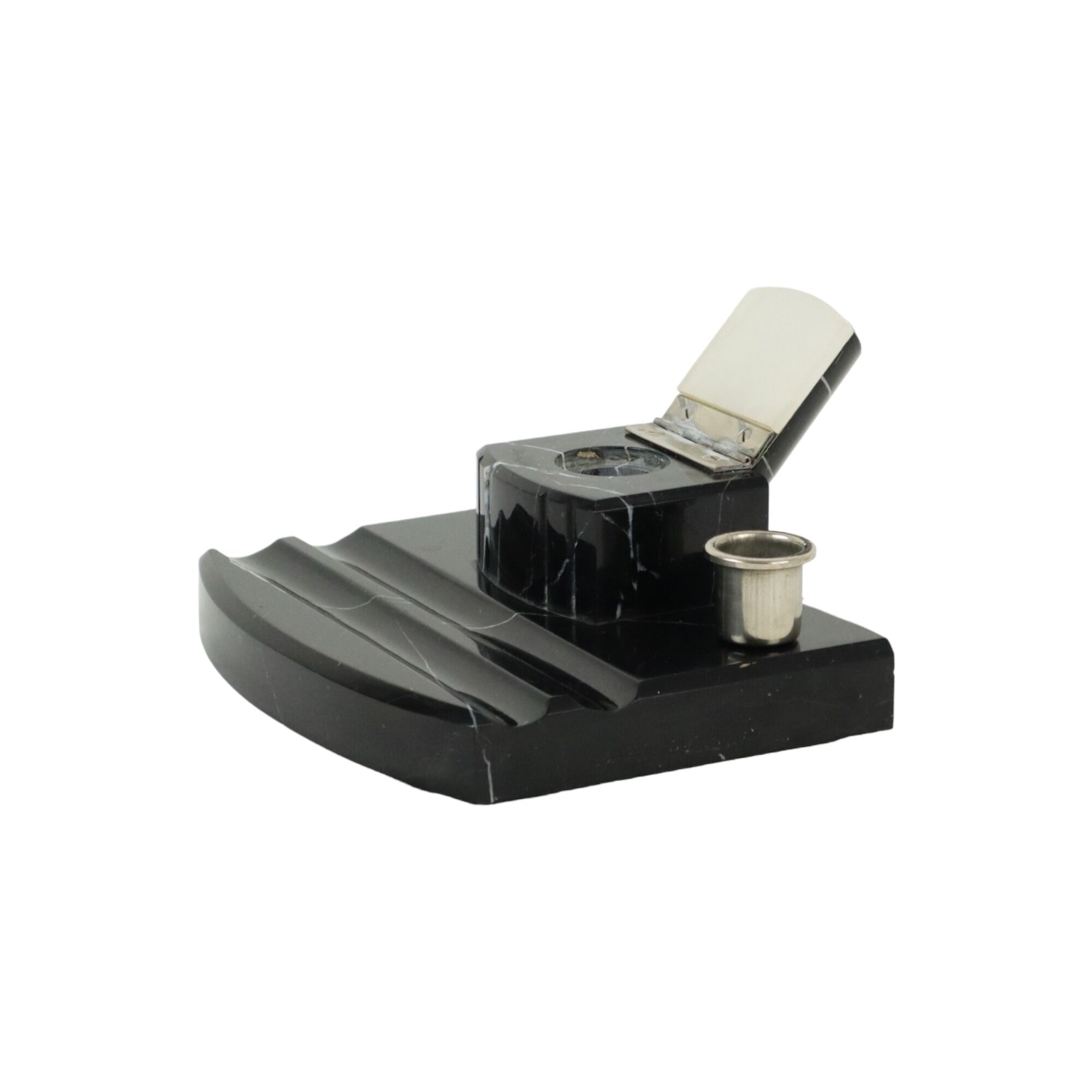 Art deco inkwell desk set black veined marble inkwell pen holder