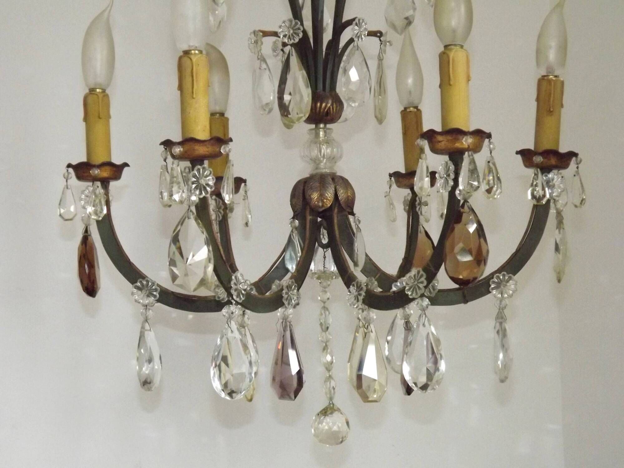 French Art Deco 6-Light Green Finish Bronze Crystal & Glass Chandelier 5343