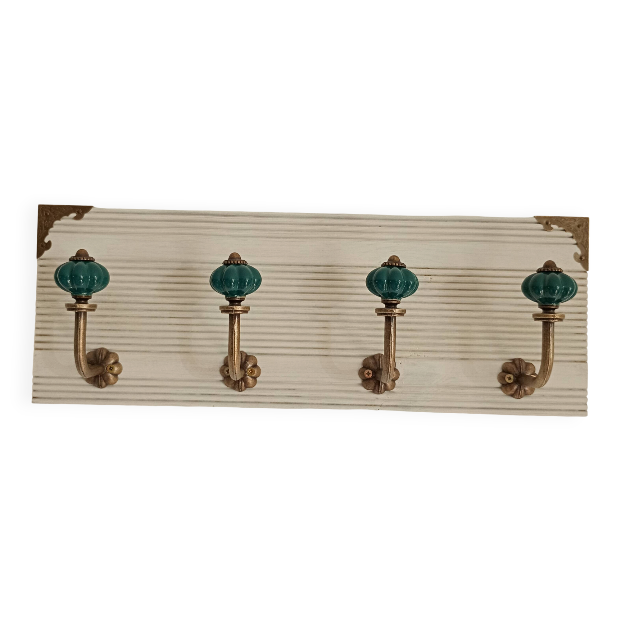 Wall-mounted coat rack in bleached wood and emerald green ceramic hooks –