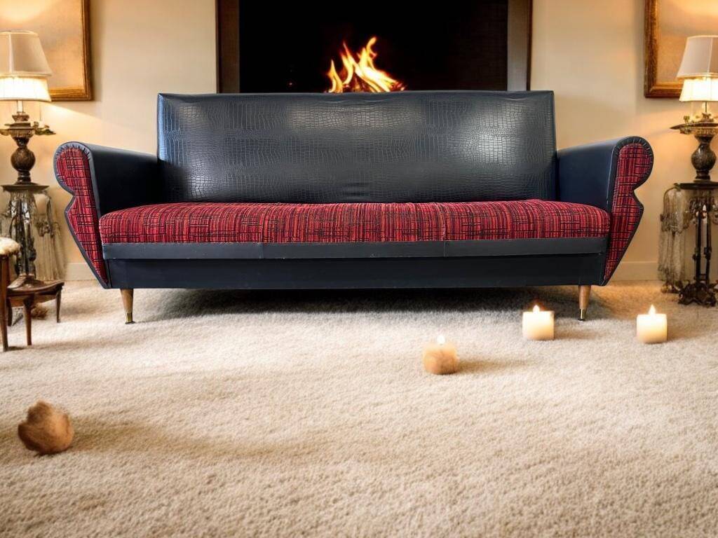 Vintage black and red sofa / three-seater / sofa bed