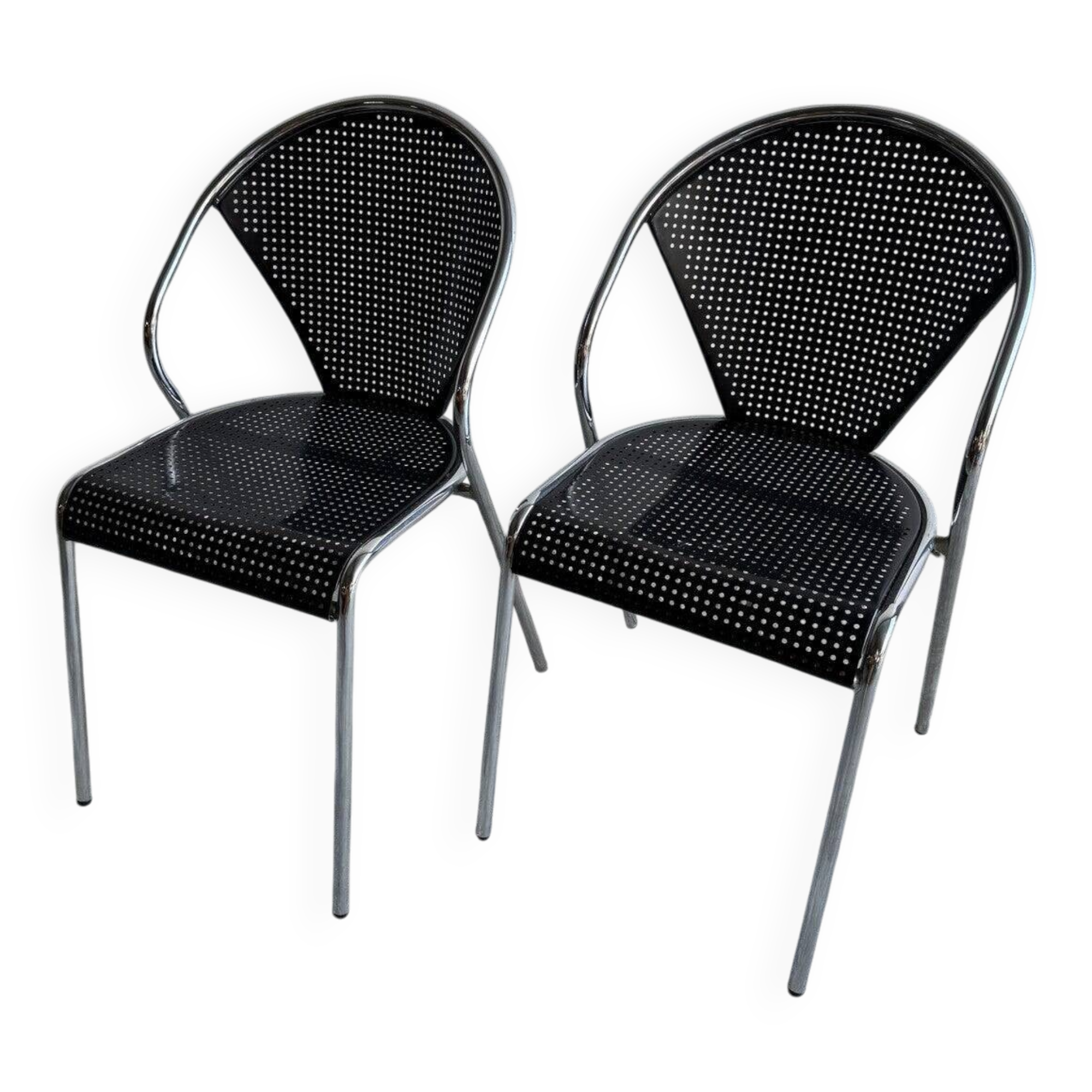 Set of 2 black perforated metal chairs with chrome frame, 1980s industrial-modern design