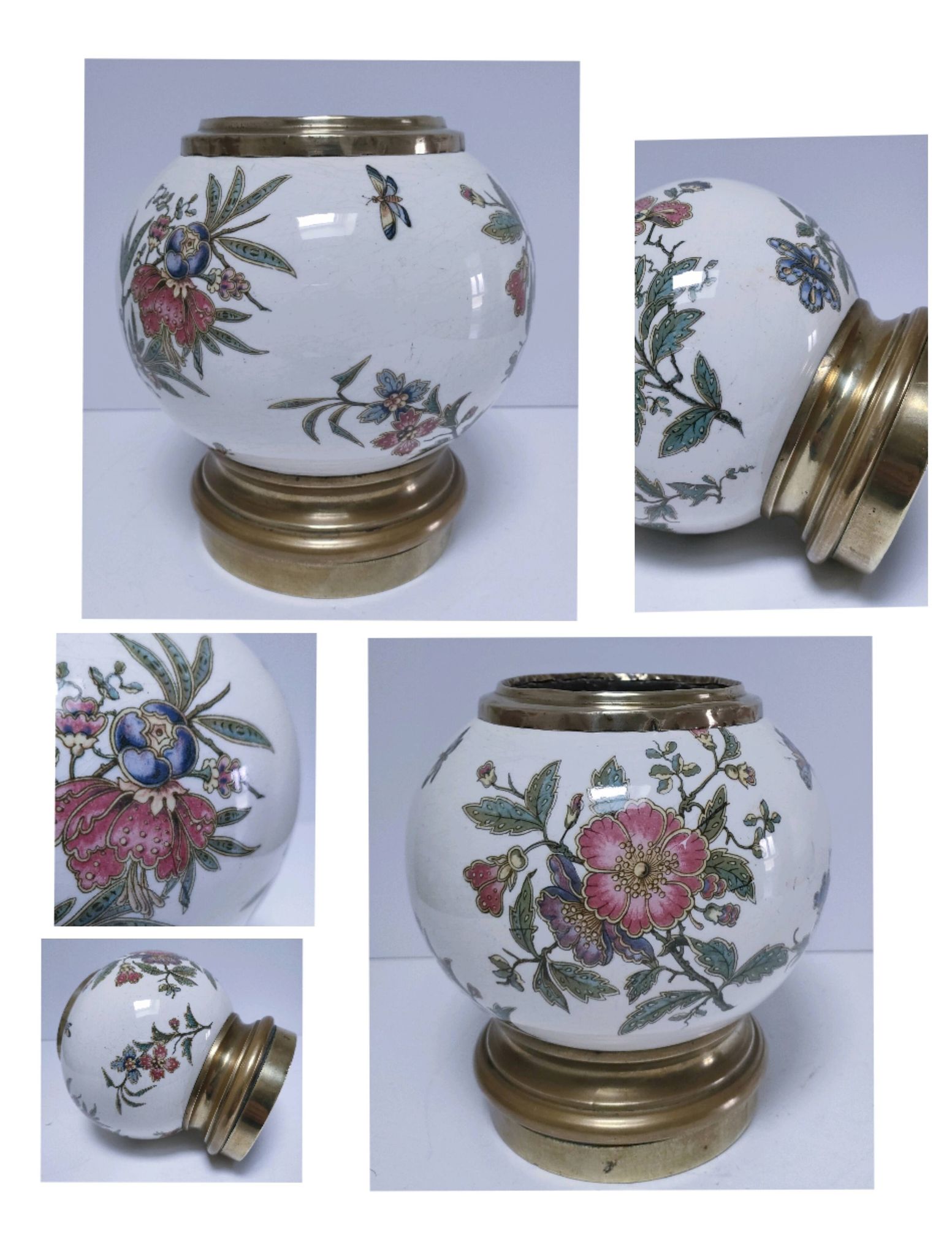 round vase earthenware brass decorated with flowers and insects early 20th century