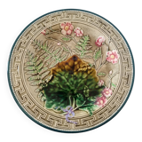 Choisy Le Roi majolica or barbotine dish decorated with leaves and pink flowers from the 19th century