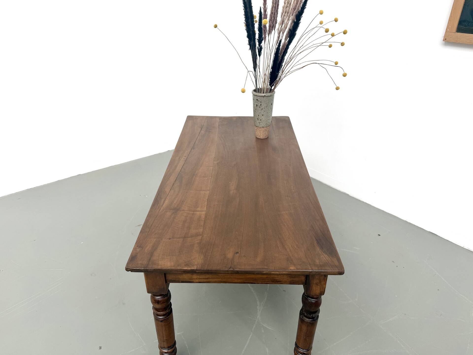 Farm table in solid cherry wood, turned legs, France, around 1900.