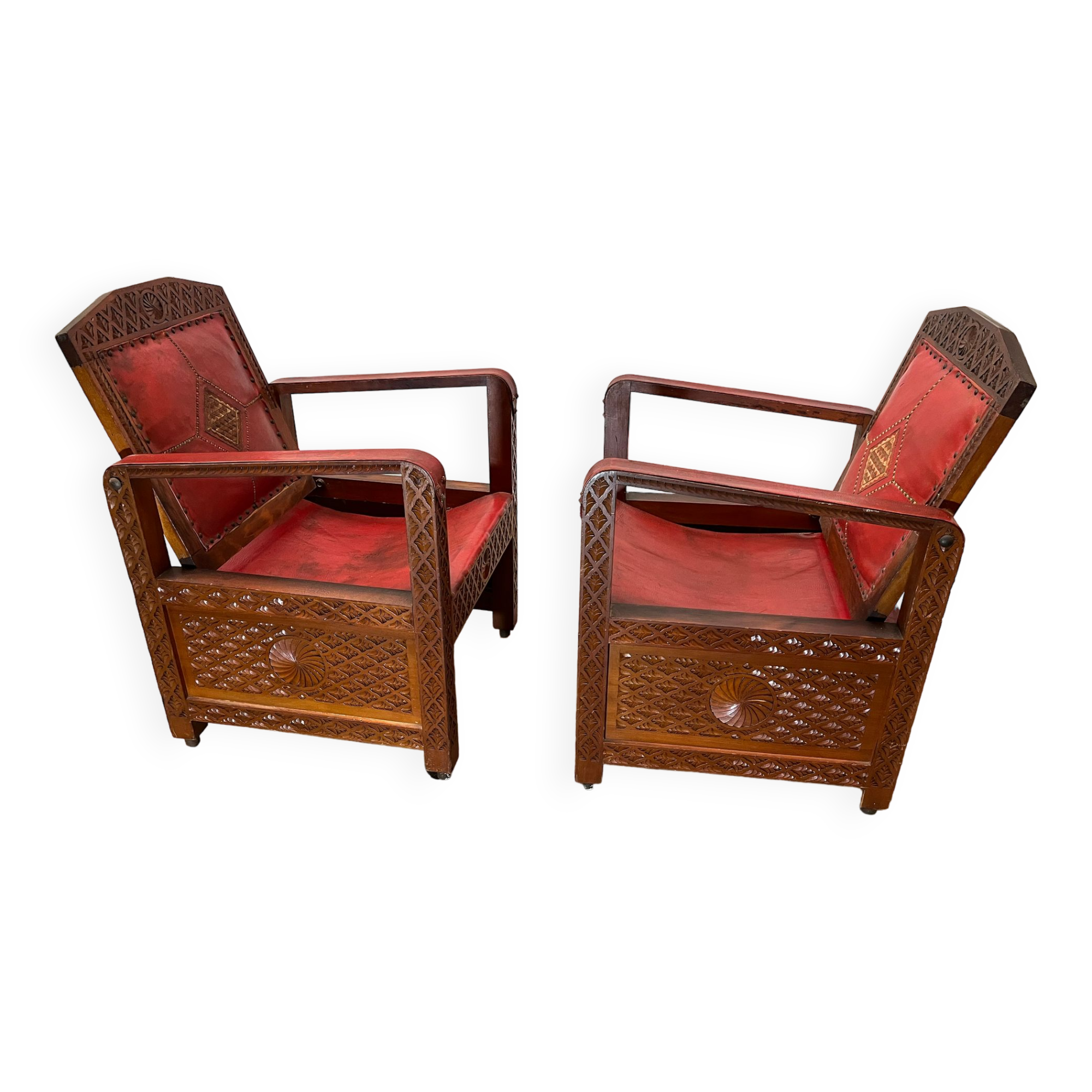 Pair of Moroccan leather armchairs from the 50s