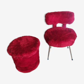 Pelfran red faux fur chair and ottoman