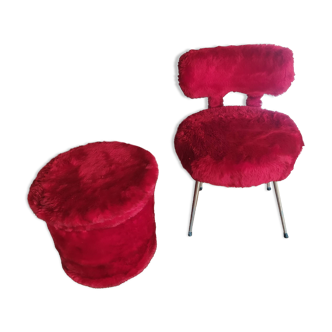 Pelfran red faux fur chair and ottoman