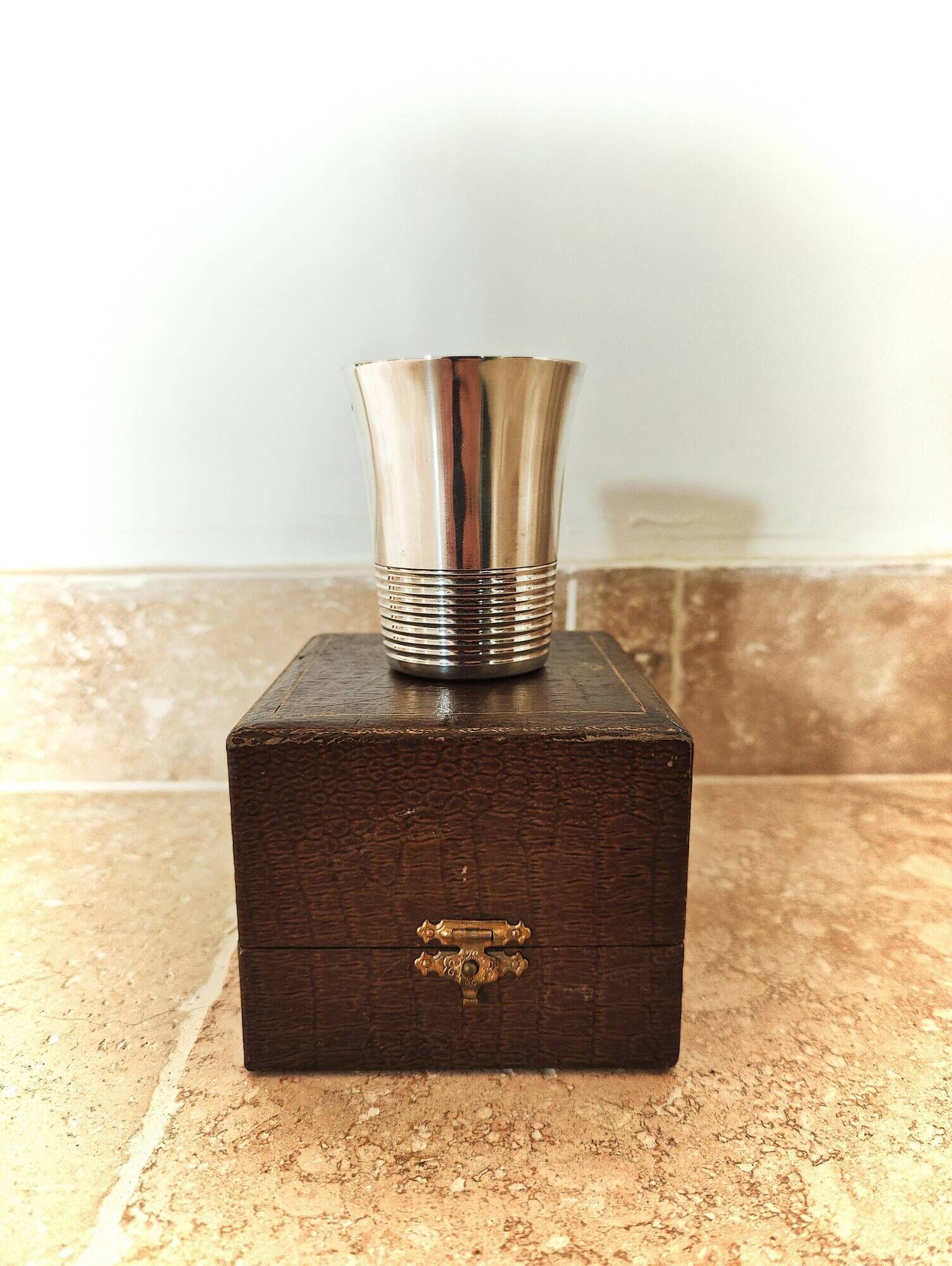 Antique timbale in silver-plated metal with case