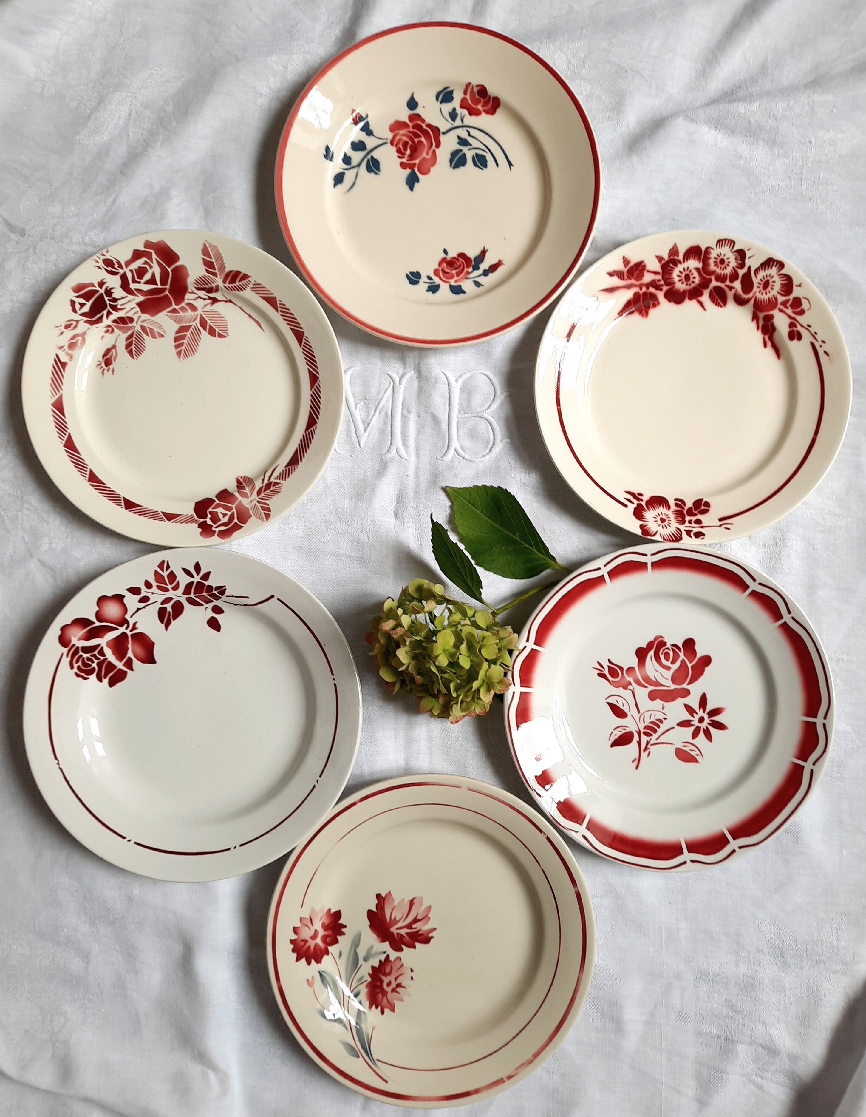 6 old flat plates mismatched in earthenware